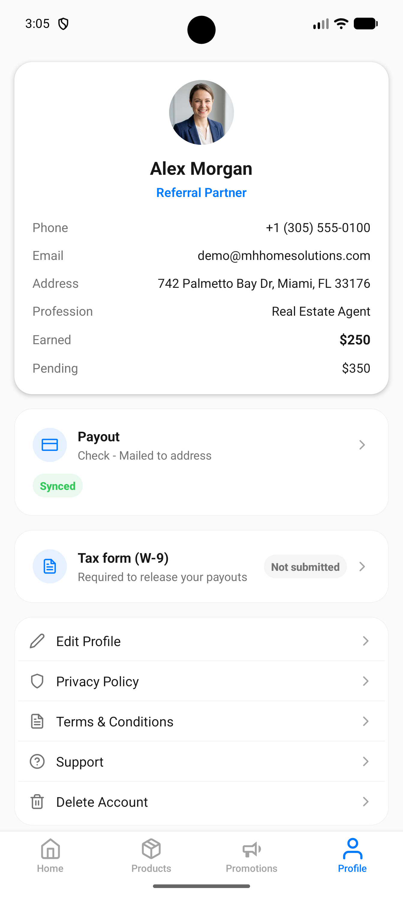 HomePays profile screen for choosing your payout method and viewing payment history