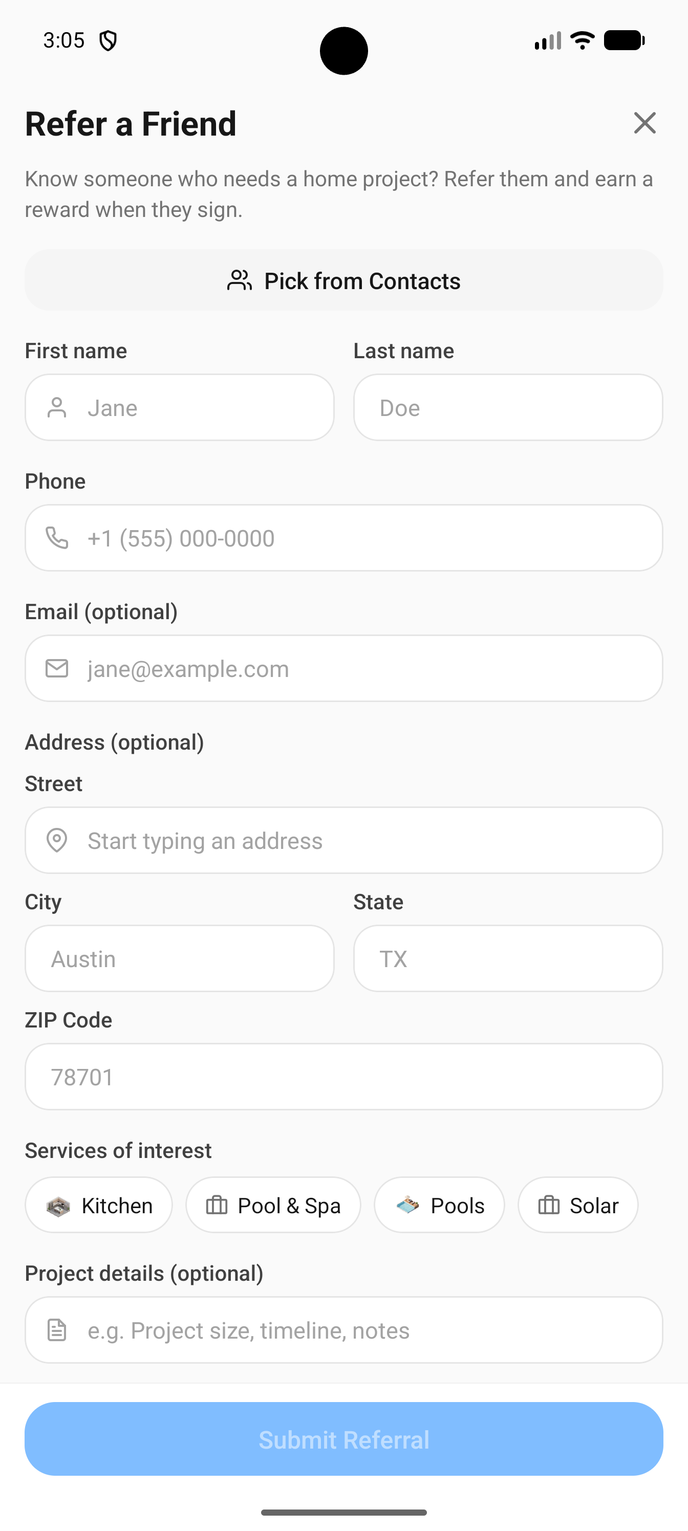 HomePays refer screen for adding a friend's details to refer them in a few taps
